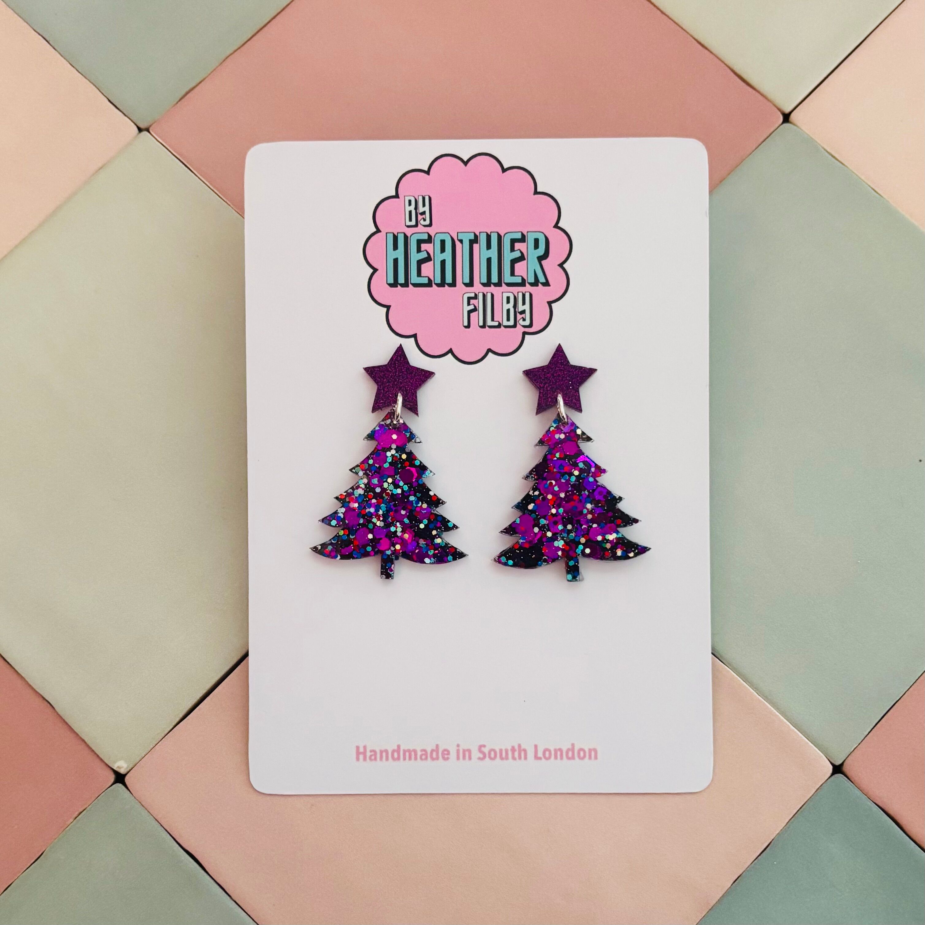 💜 Purple Glitter Christmas Tree with Star Earrings