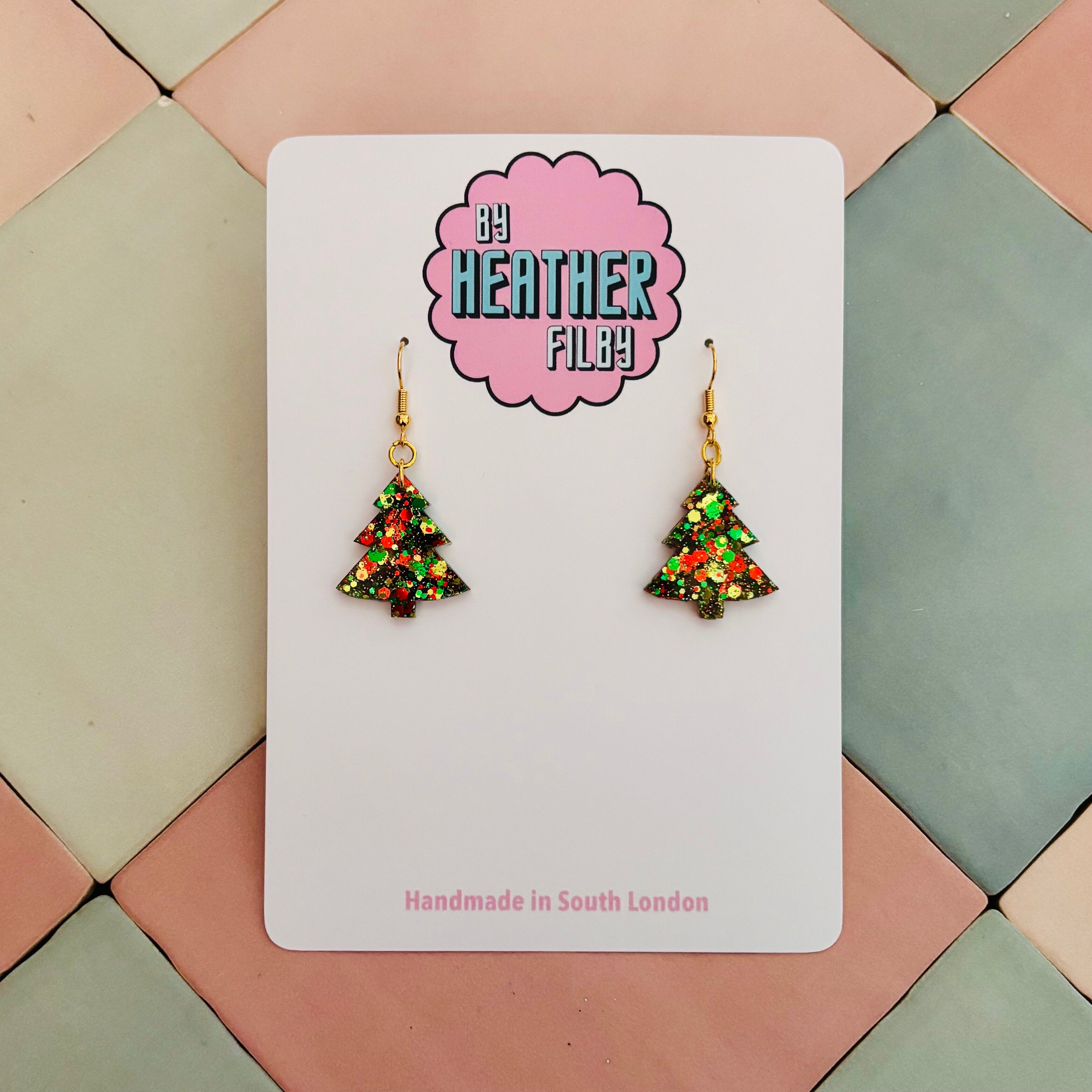 🎄 Gold, Green and Red Christmas Tree Glitter Resin Earrings