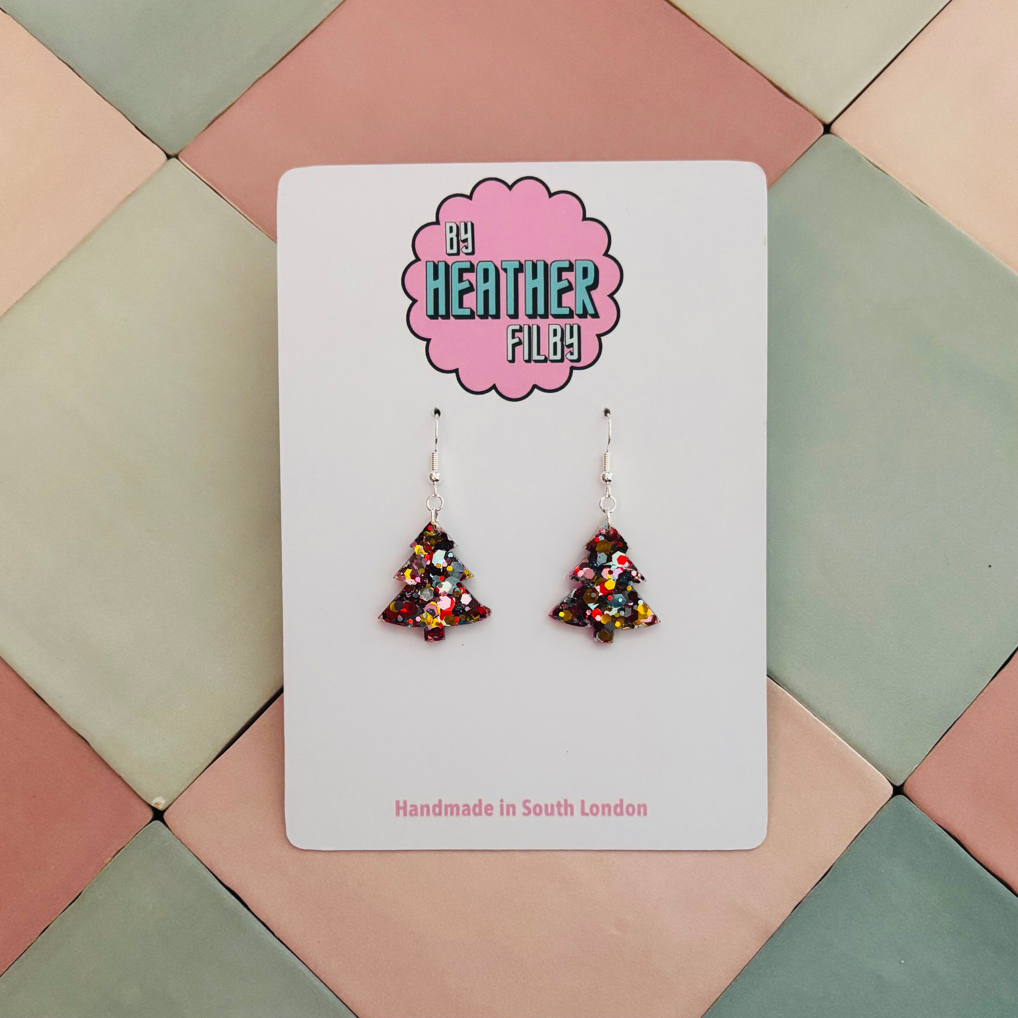 ❄️ Silver, Gold & Red Christmas Tree Glitter Resin Earrings