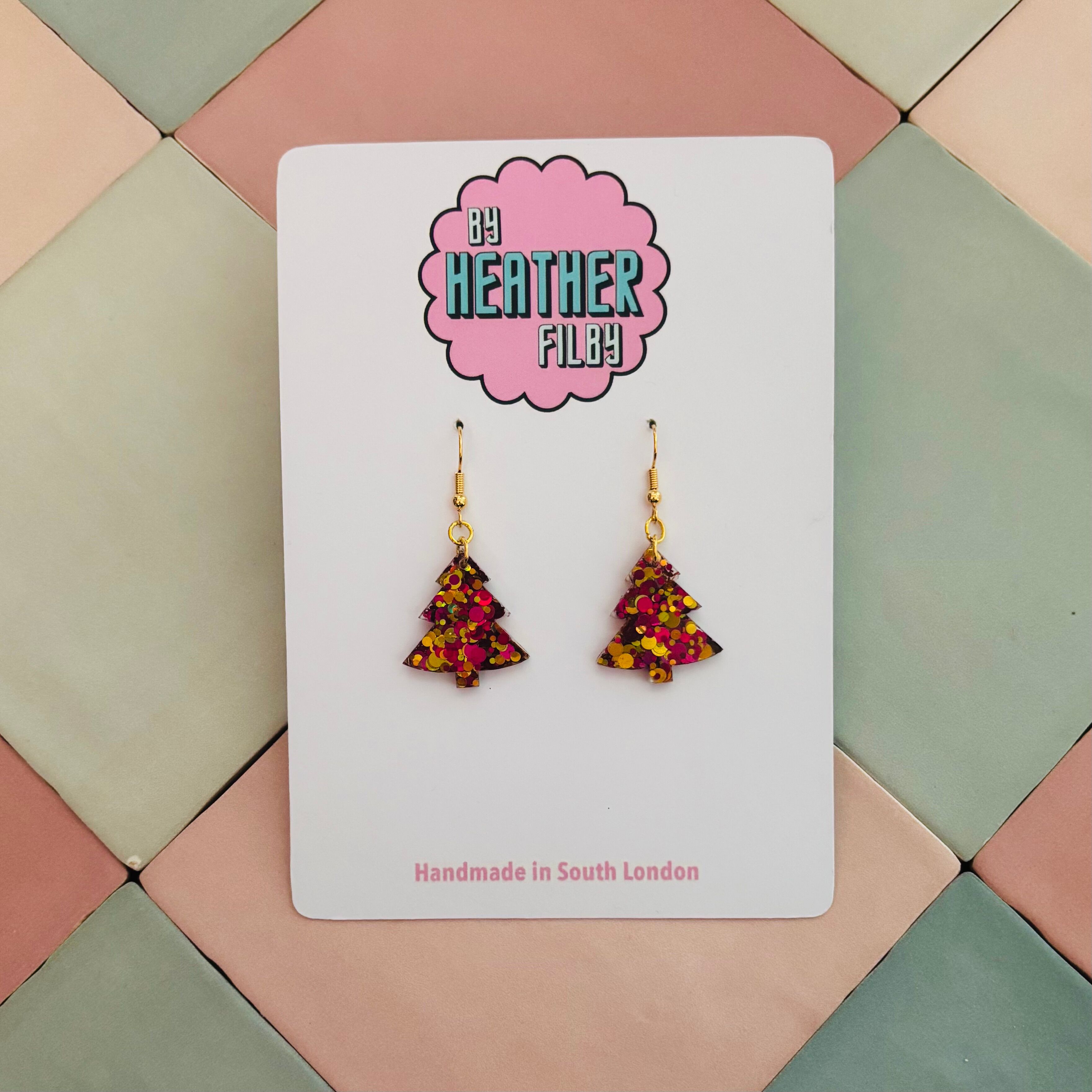 ✨ Gold & Red Christmas Tree Glitter Resin Earrings