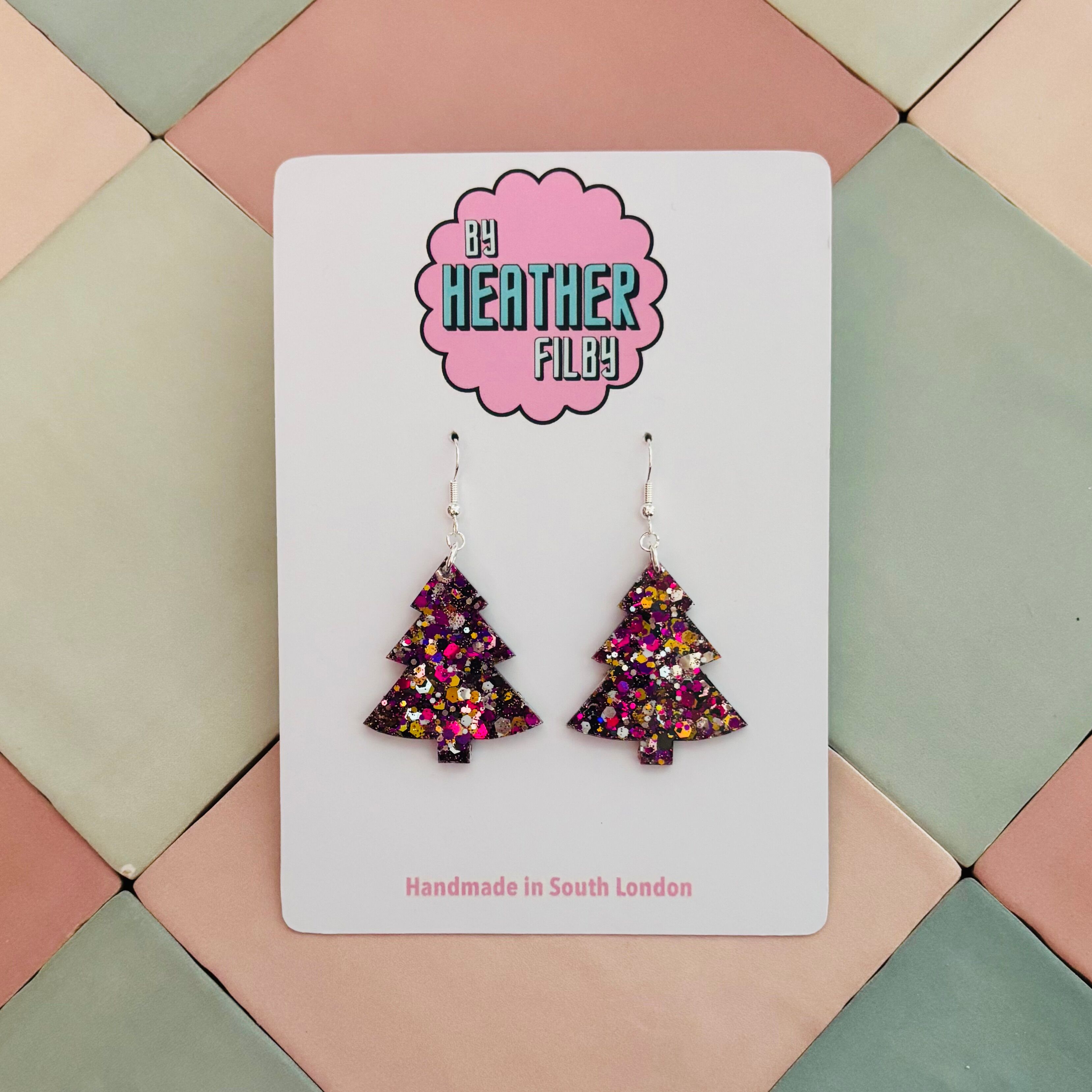 🟣 Purple, White & Gold Christmas Tree Glitter Resin Earrings