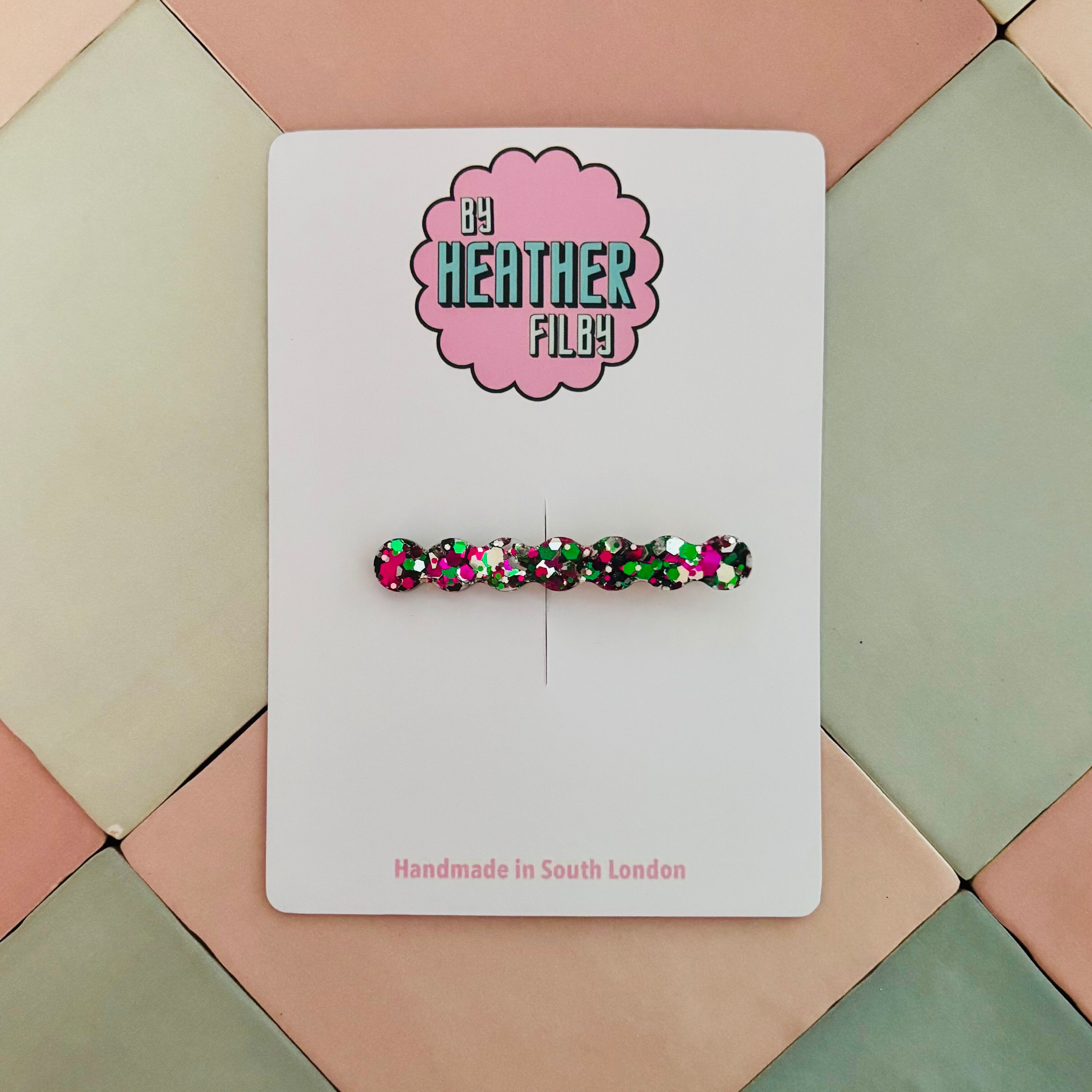 🌸 Pink, Green & Silver Thin Bubble Hair Clip