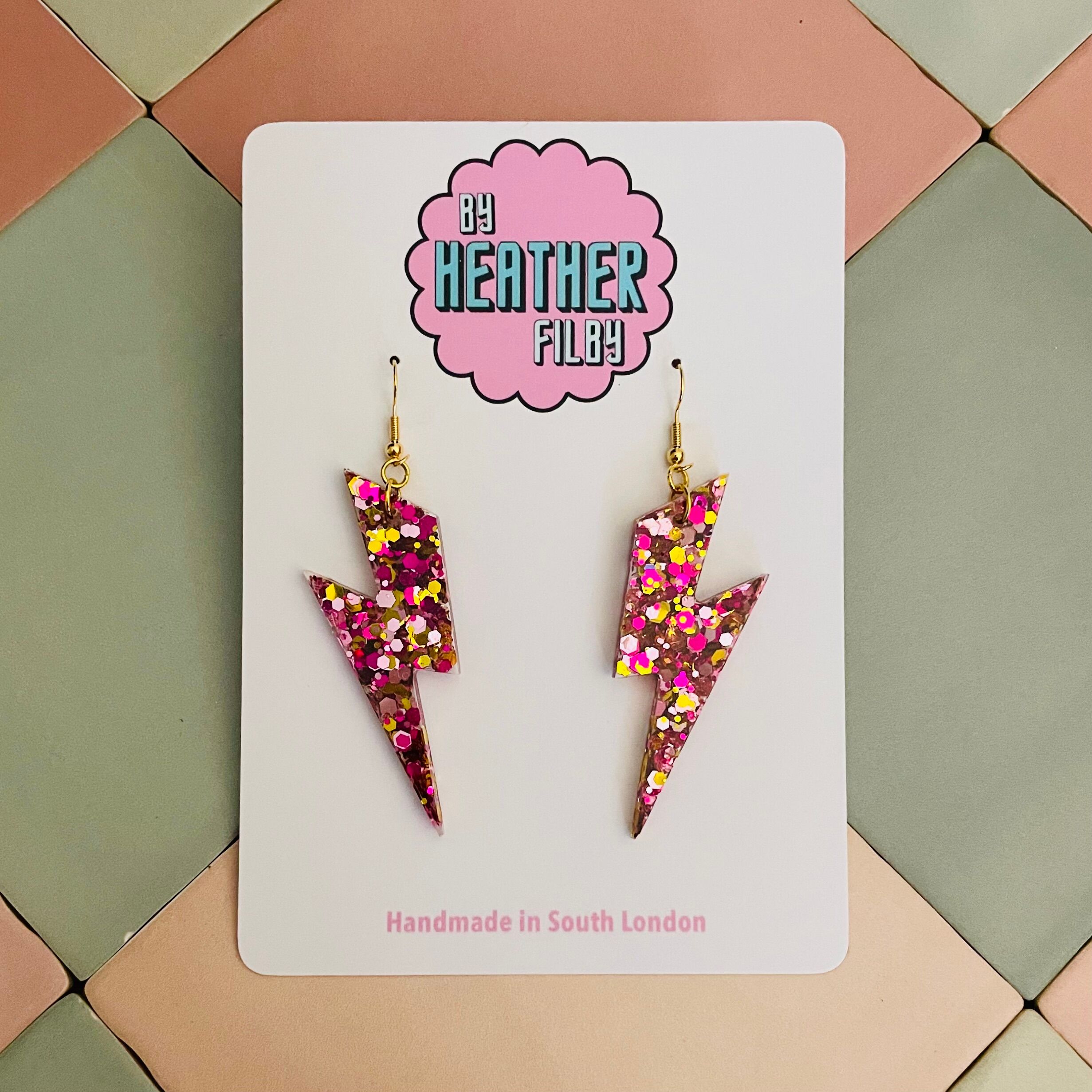 Large Pink & Gold Glitter Lightning Bolt Earrings