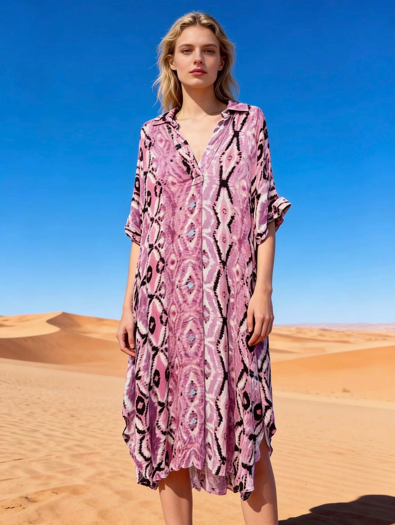 Flowy maxi dress with a printed, faded shirt style, flared cut