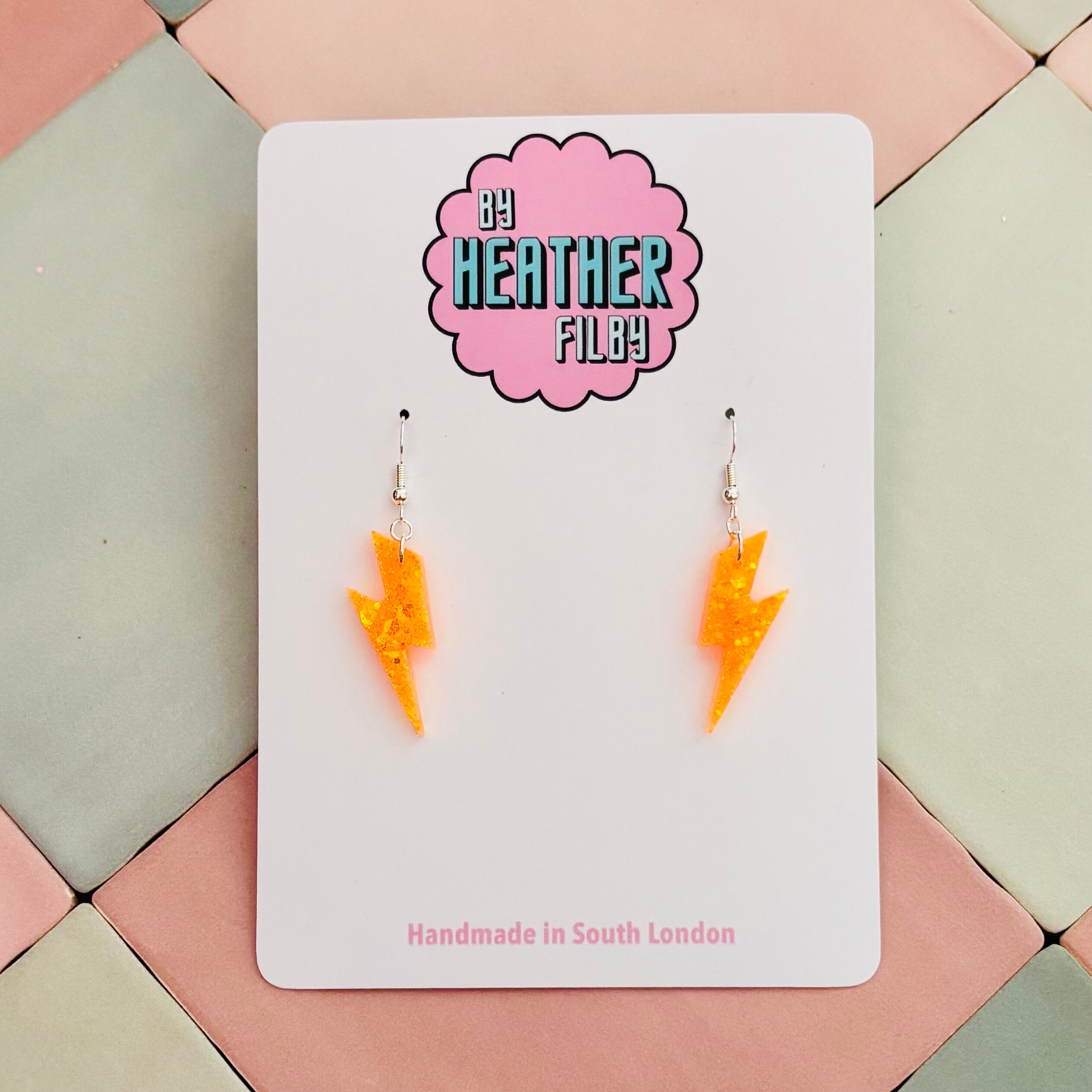 Small Neon Orange Glitter Lightning Bolt Earrings