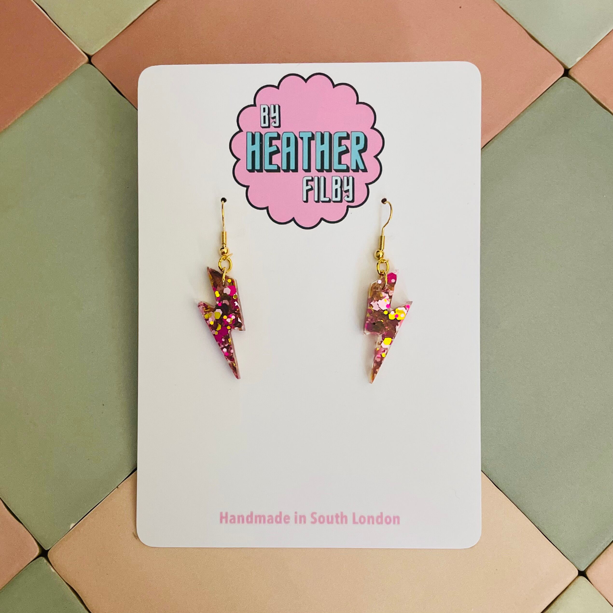 Small Pink & Gold Glitter Lightning Bolt Earrings