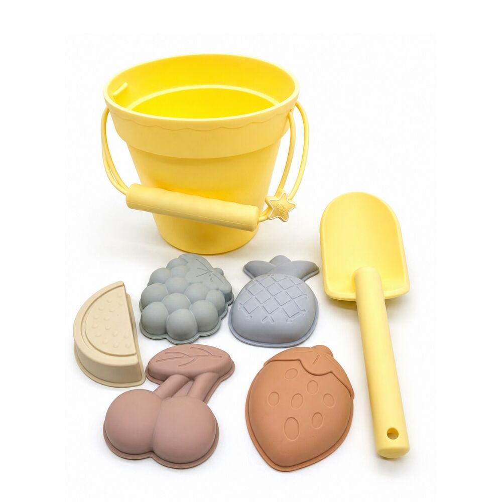 Juguetes de playa de silicona (cubo, pala y 4 accesorios) - Amarillo limón