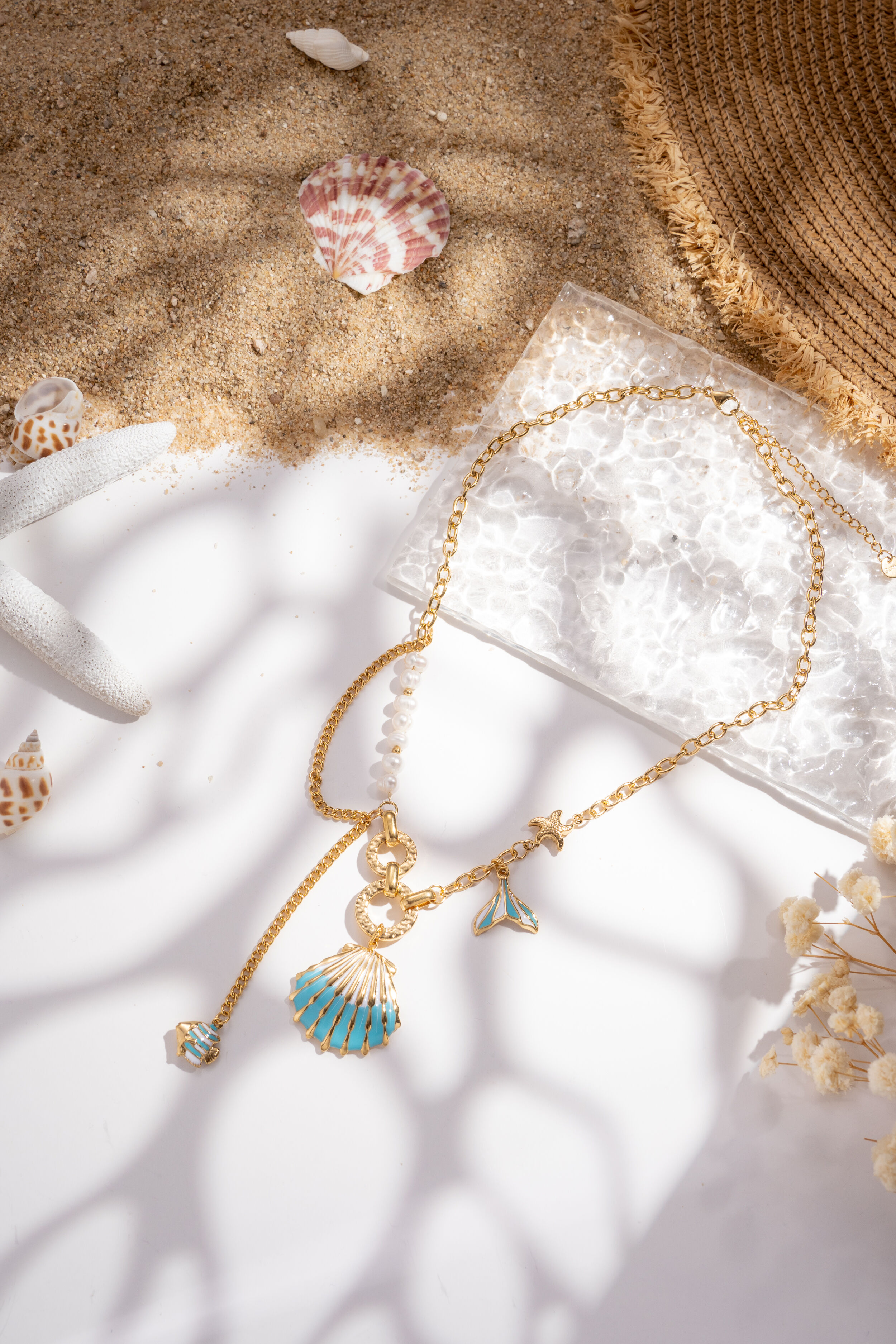 Gold nautical necklace for women, seashell, star, mermaid, enamel, crystals, summer trend