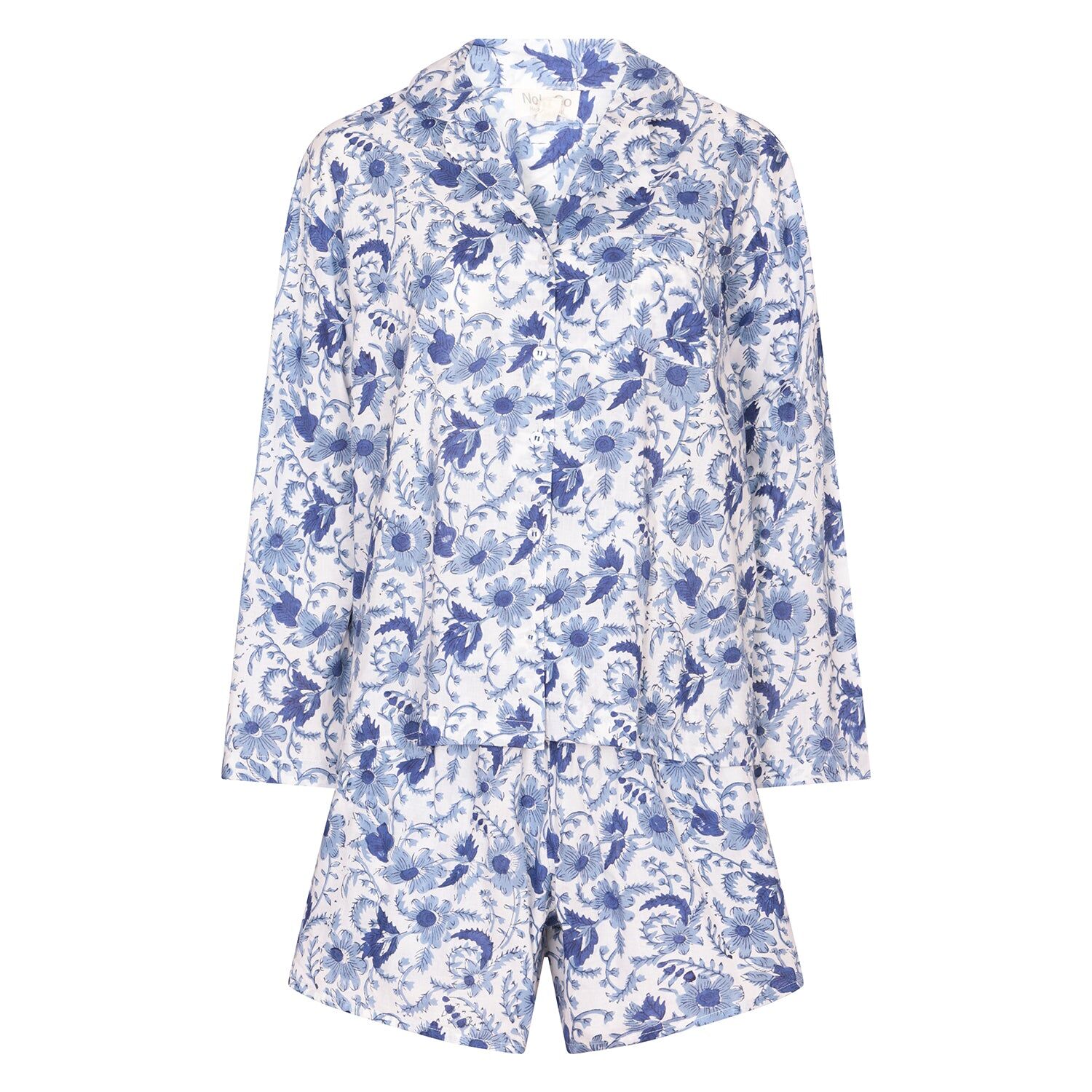 Ensemble short de pyjama en coton imprimé à la main - bleuet