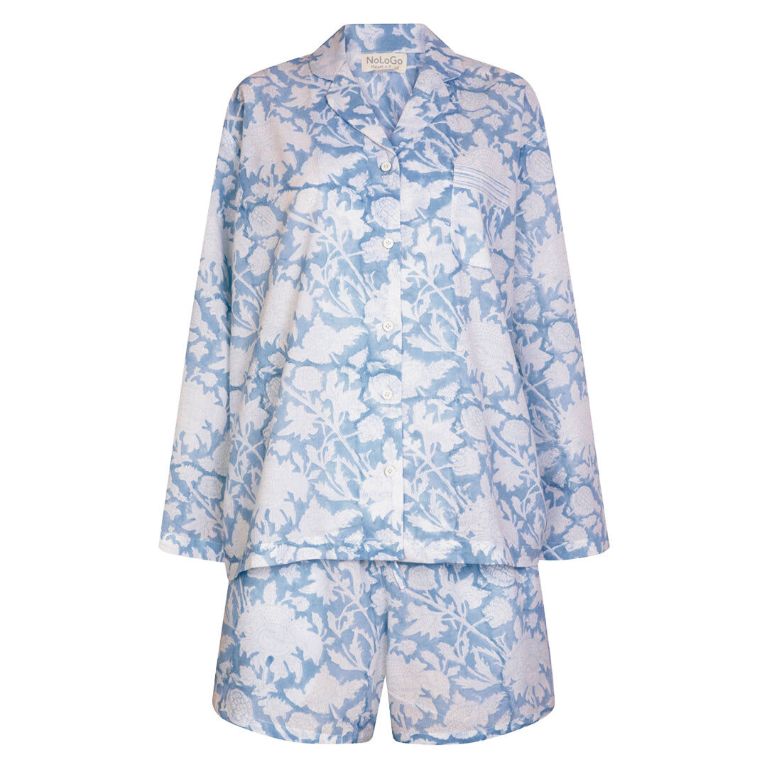 Ensemble short et pyjama en coton imprimé à la main, bleu de Nîmes