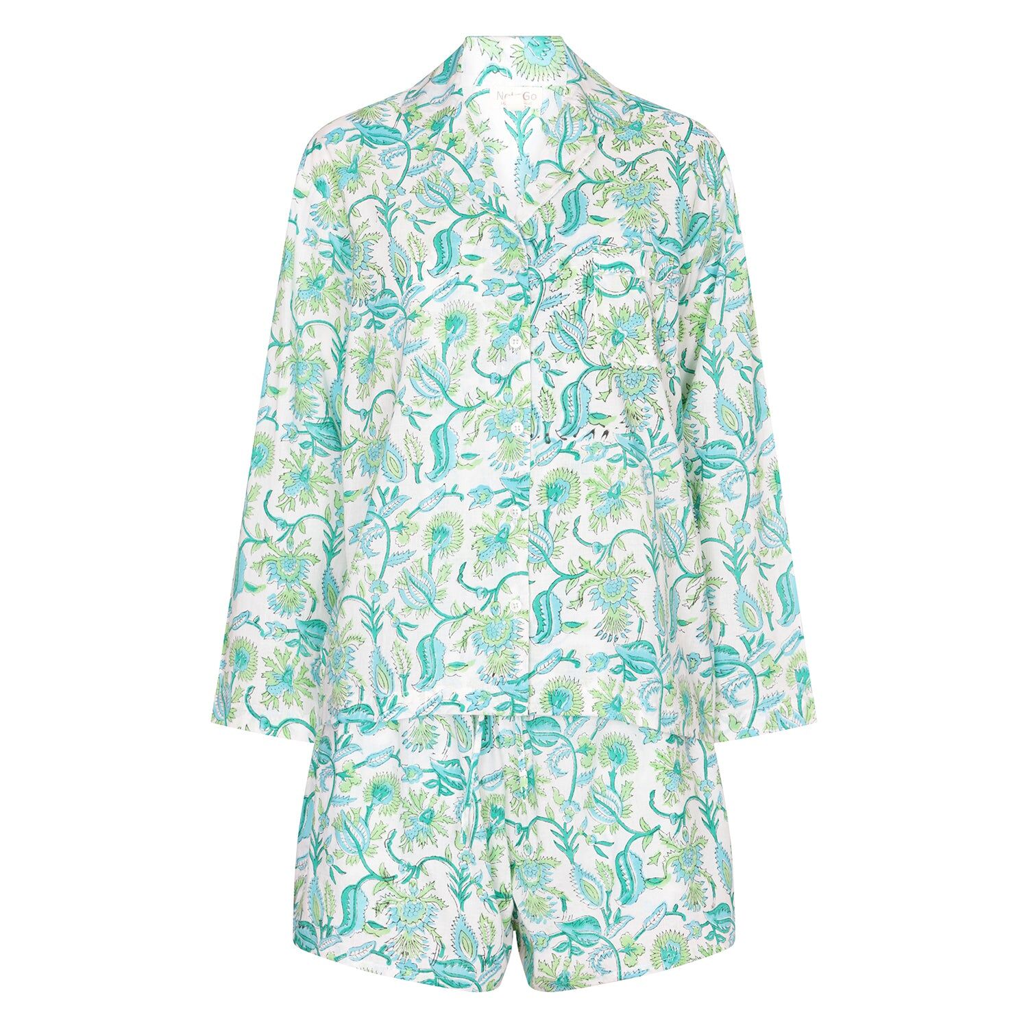 Ensemble short et pyjama en coton imprimé à la main - Vert pomme