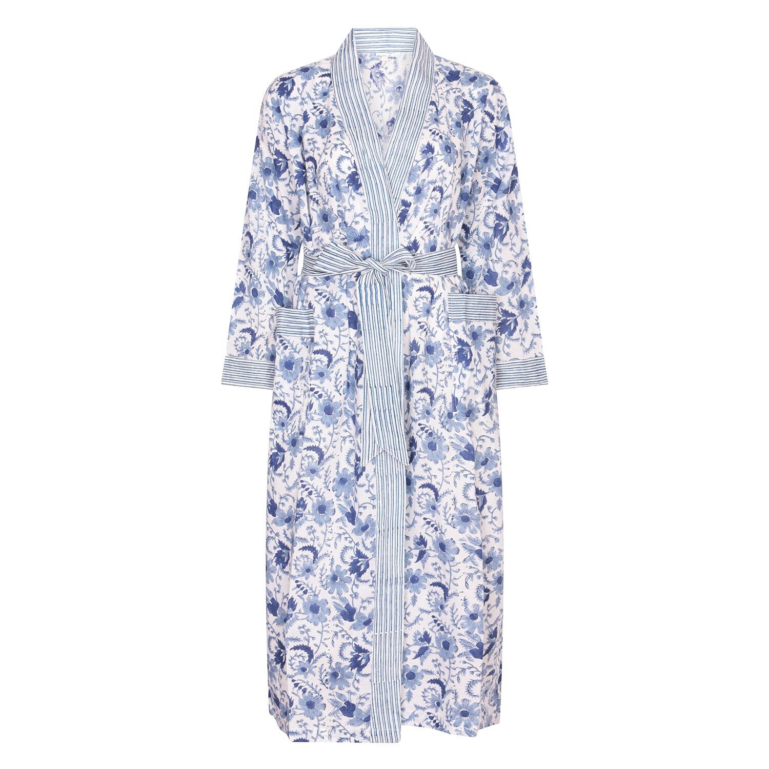 Kimono en coton imprimé à la main - bleuet