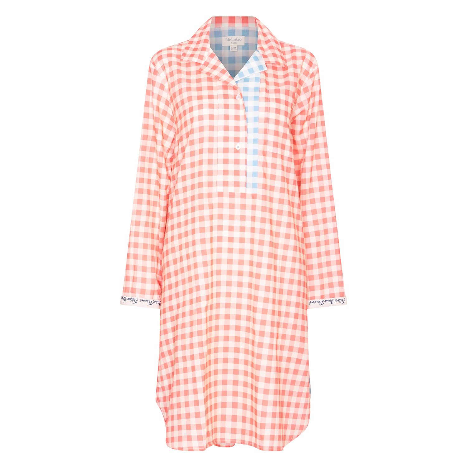 Chemise de nuit en coton à carreaux vichy - Rose abricot et blanc