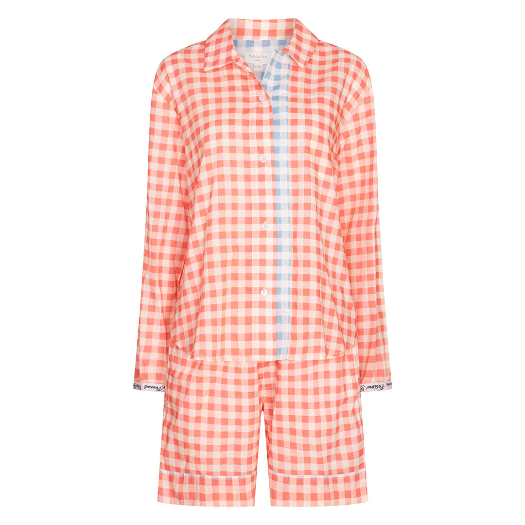 Ensemble short d'été à carreaux vichy en coton - rose abricot et blanc