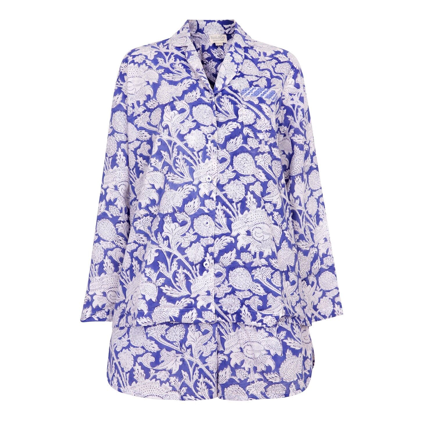 Ensemble short et pyjama en coton imprimé à la main - Bleu Chine