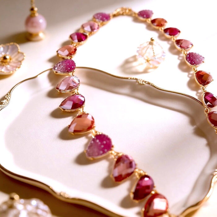 Statement-Halskette mit klobigen, pinkfarbenen Kristallen im Vintage-Stil