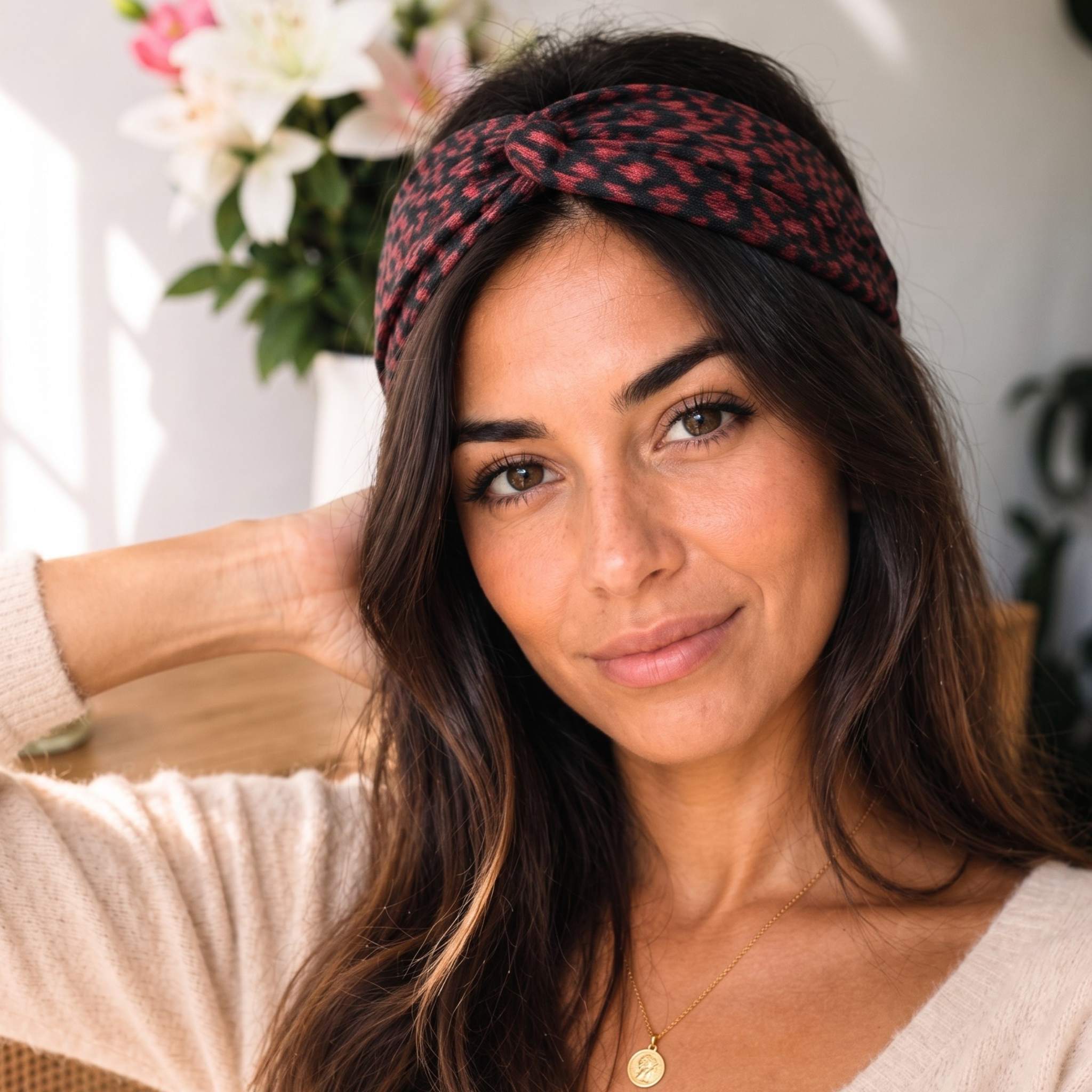 Headband Selma / polyester imprimé léopard noir marron