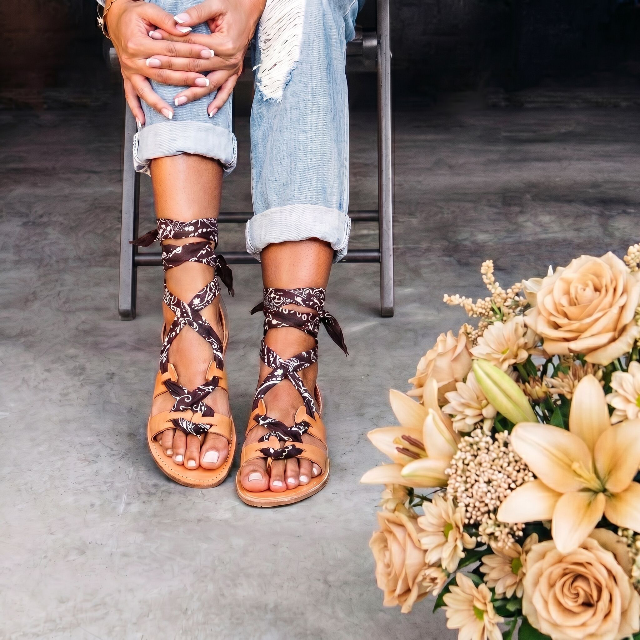 Bandana earth brown scarf tie up leather gladiator sandals