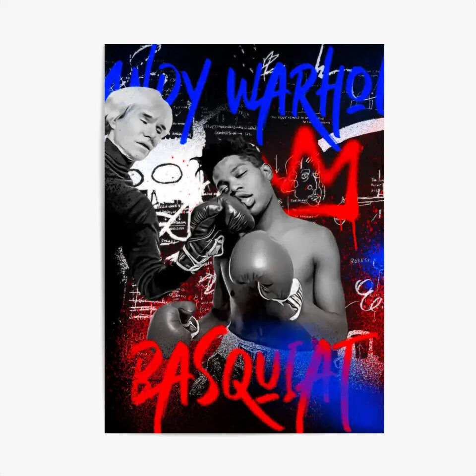 Poster e dipinto di Jean Michel Basquiat che fa boxe con Andy Warhol