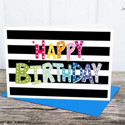 Folded card: neon lettering, black