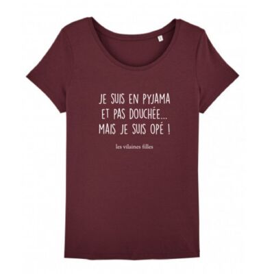 Tee-shirt col rond Je suis en pyjama-Bordeaux
