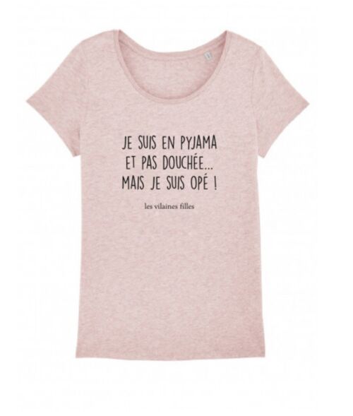 Tee-shirt col rond Je suis en pyjama-Rose chiné
