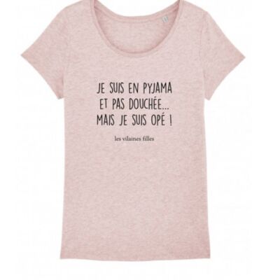Tee-shirt col rond Je suis en pyjama-Rose chiné