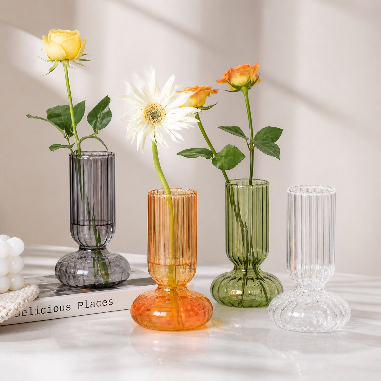 Colorful Ribbed Glass Vase – Modern Hydroponic Flower Vase