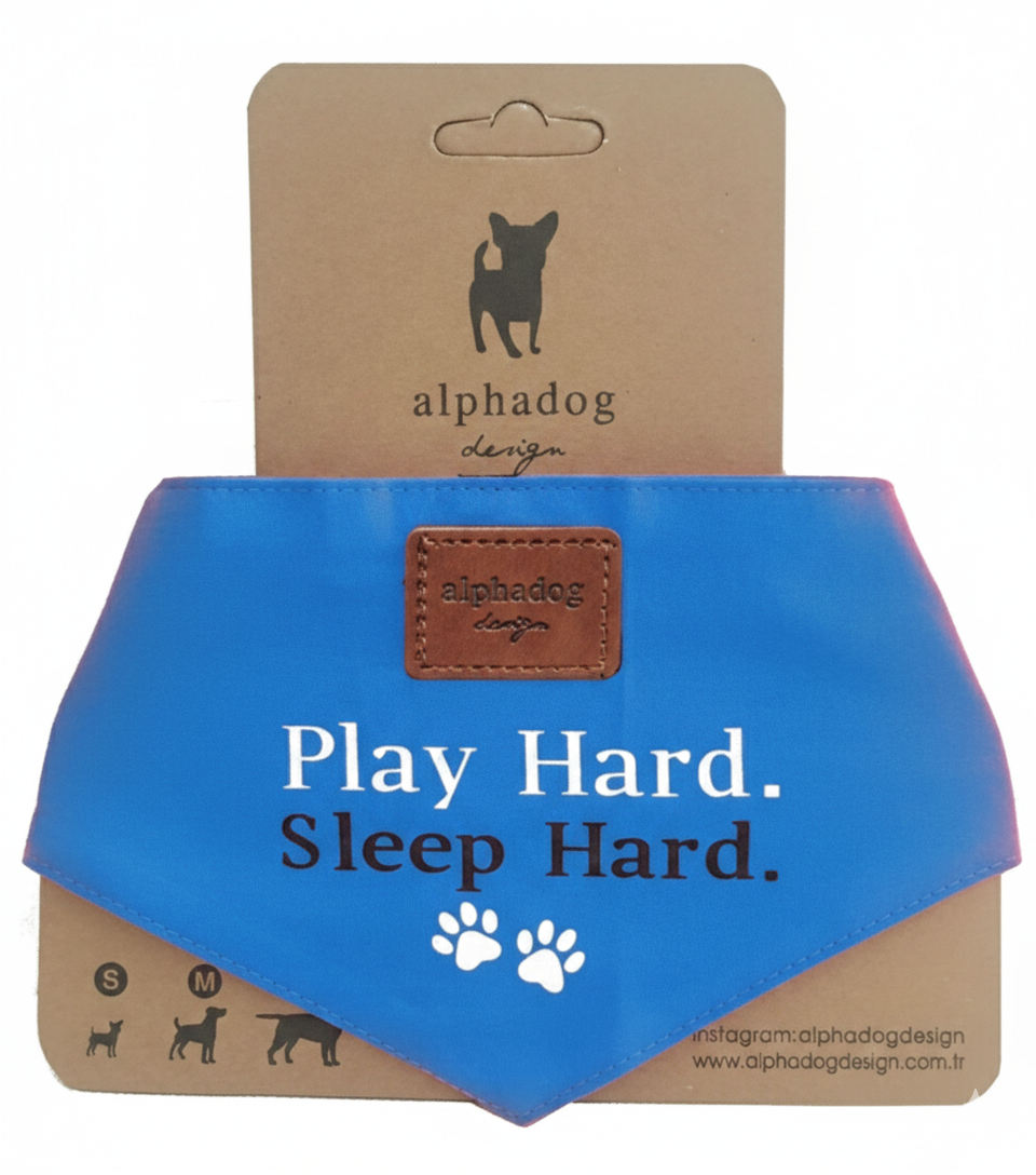 Alpha Dog Play Hard Hundehalstuch-Set aus blauer Baumwolle – S, M, L