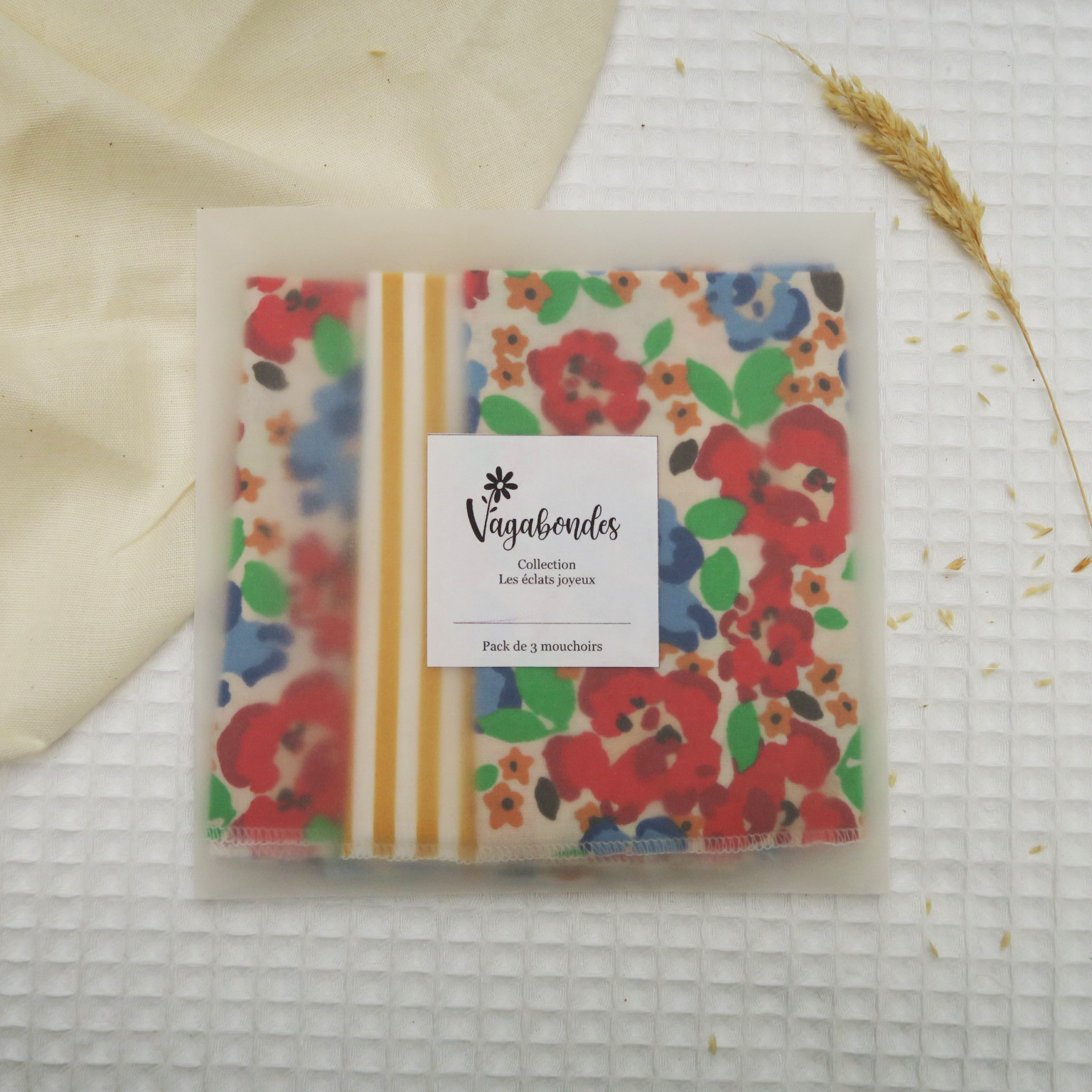 Set of 3 washable handkerchiefs 25x25 cm - ODALI - Les éclats Joyeux Collection