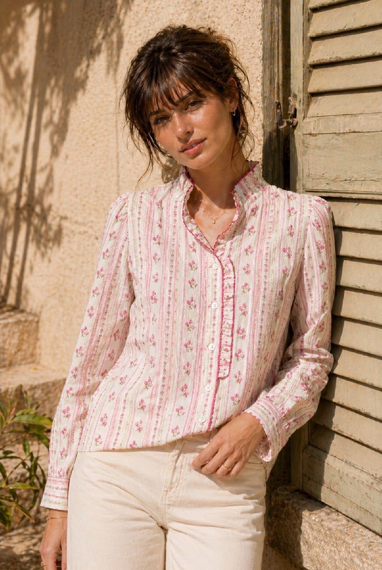 Long-sleeved printed cotton shirt - Pink
