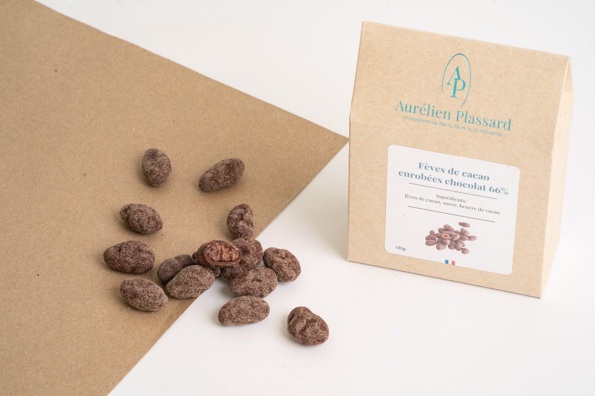 Cocoa beans coated in 66% dark chocolate
