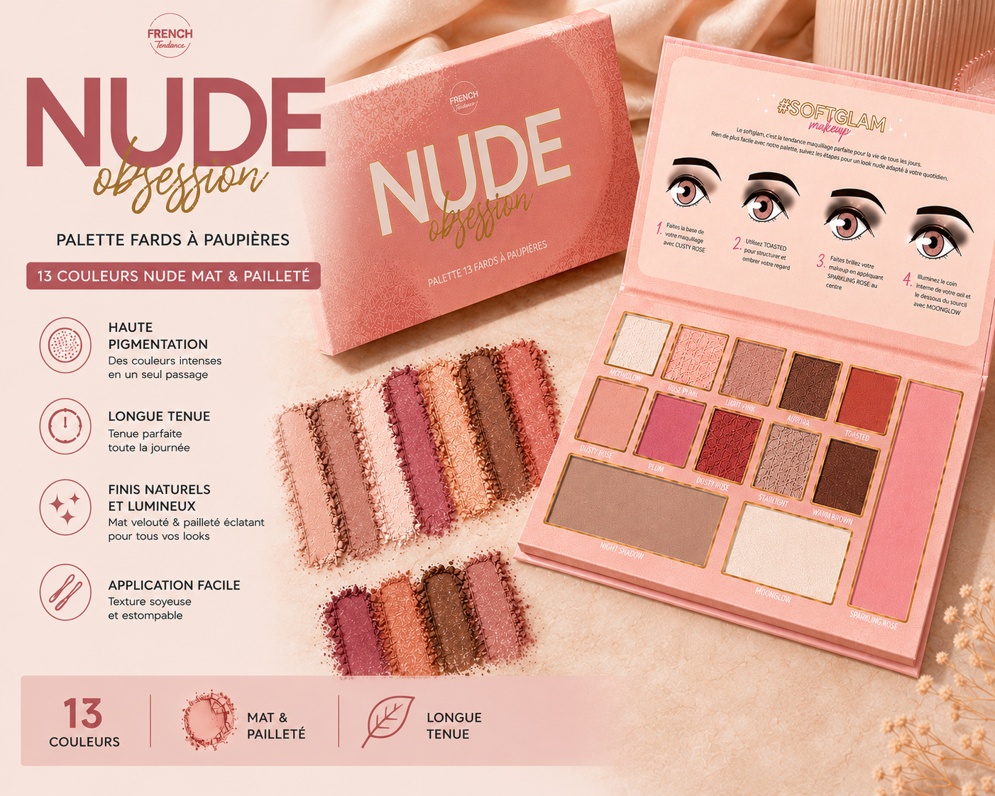 NUDE Obsession Lidschattenpalette – 13 hochpigmentierte, langanhaltende matte und schimmernde Nude-Farben mit Spiegel und Applikator