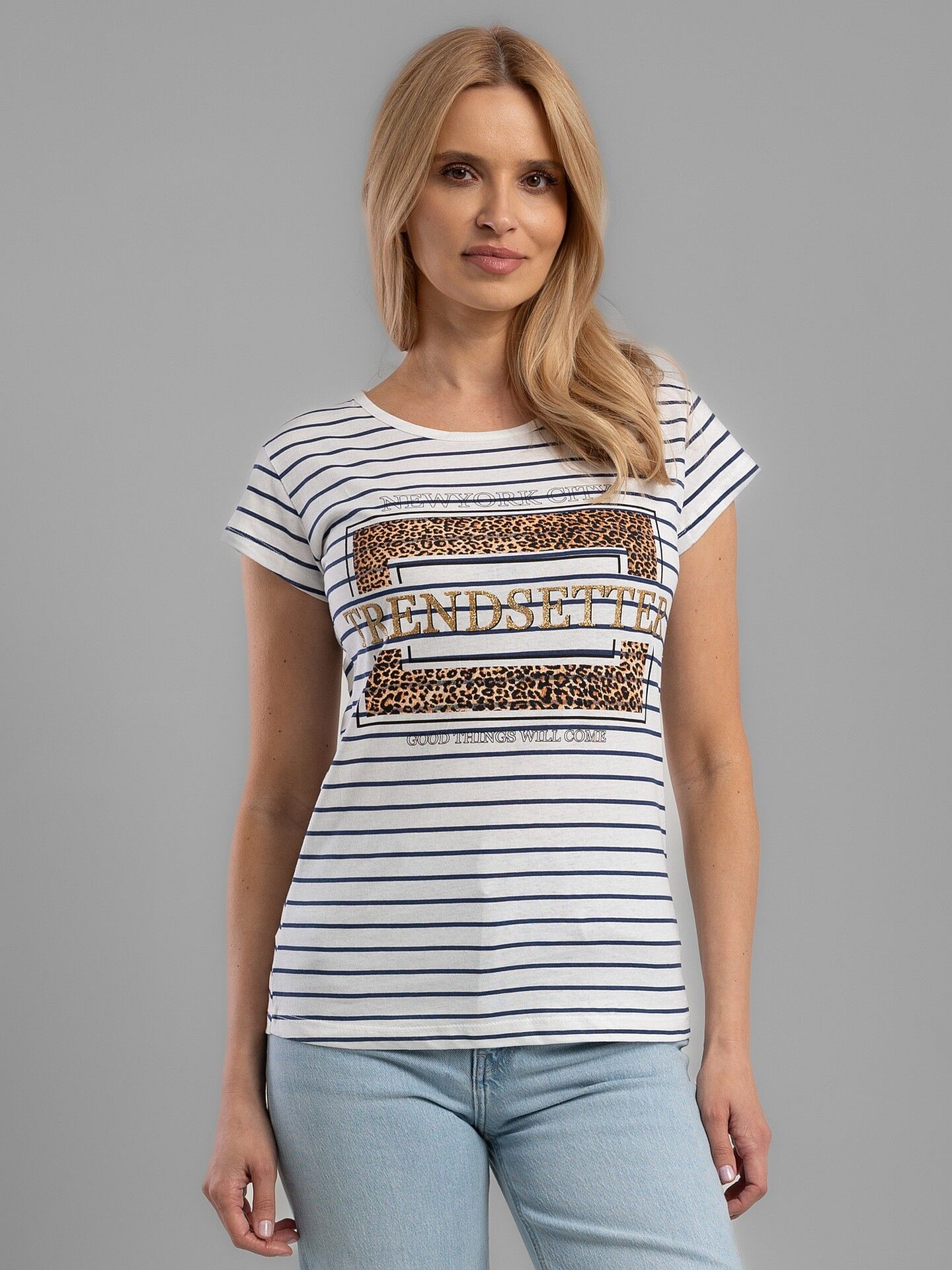 Women's cotton striped T-shirt with a print