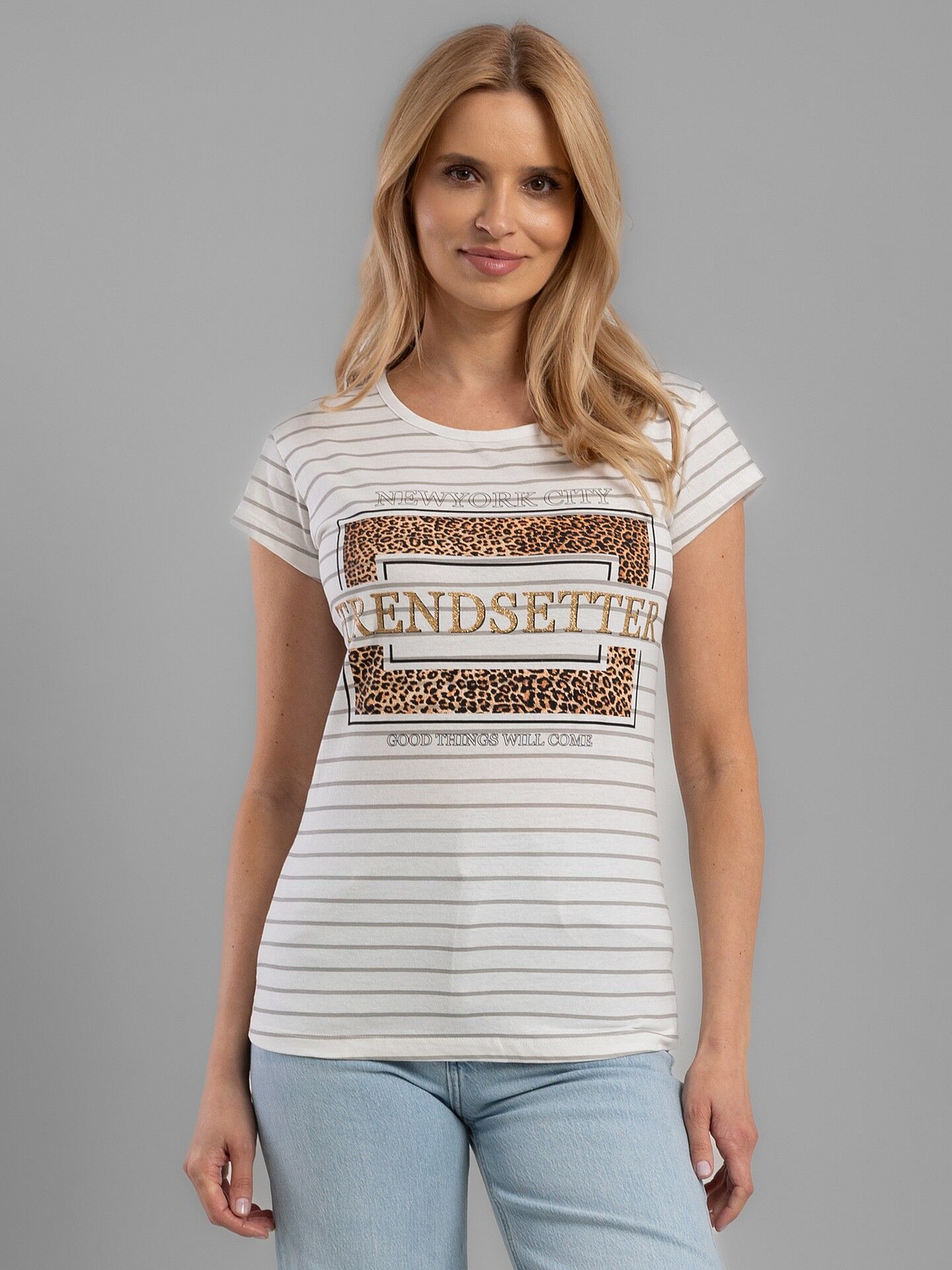 Women's cotton striped T-shirt with a print