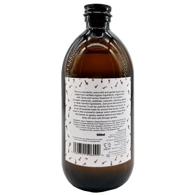Jabón de Castilla líquido orgánico con clavo y limón, botella de vidrio de 500ml