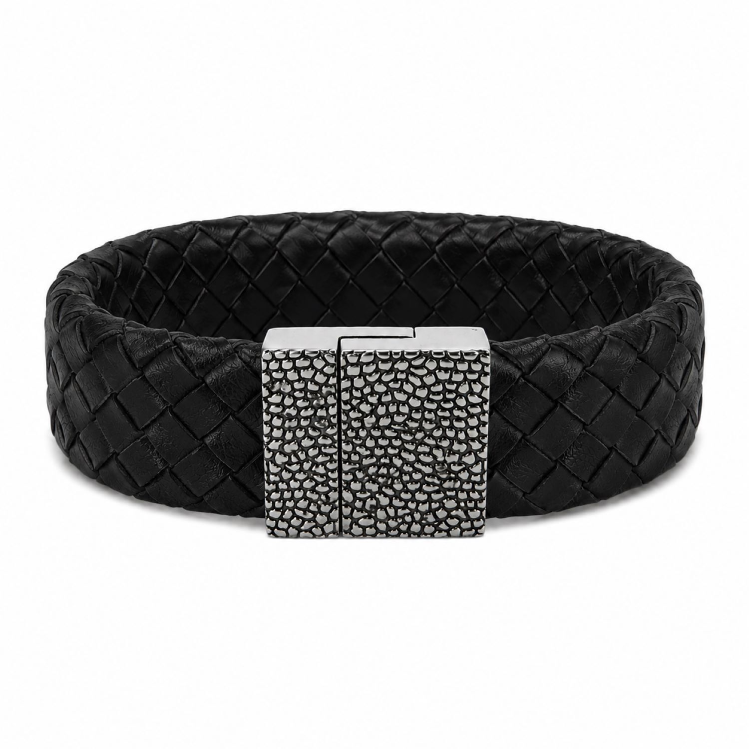 Herren-Lederarmband, schwarz, geflochten mit magnetischem Edelstahlverschluss, Reptilienmuster
