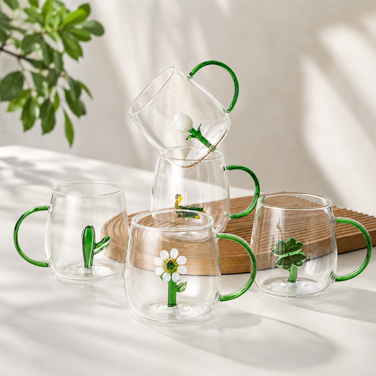 Cute Plant Glass Mug | 3D Floral Coffee Cup