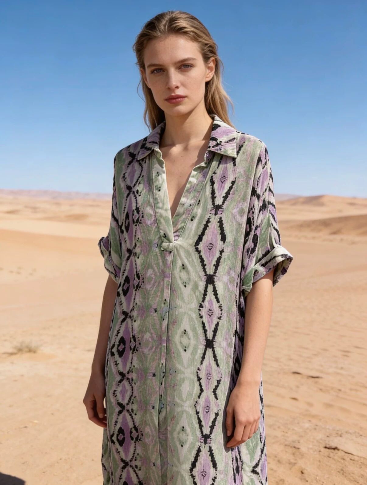 Flowy maxi dress with a printed, faded shirt style, flared cut