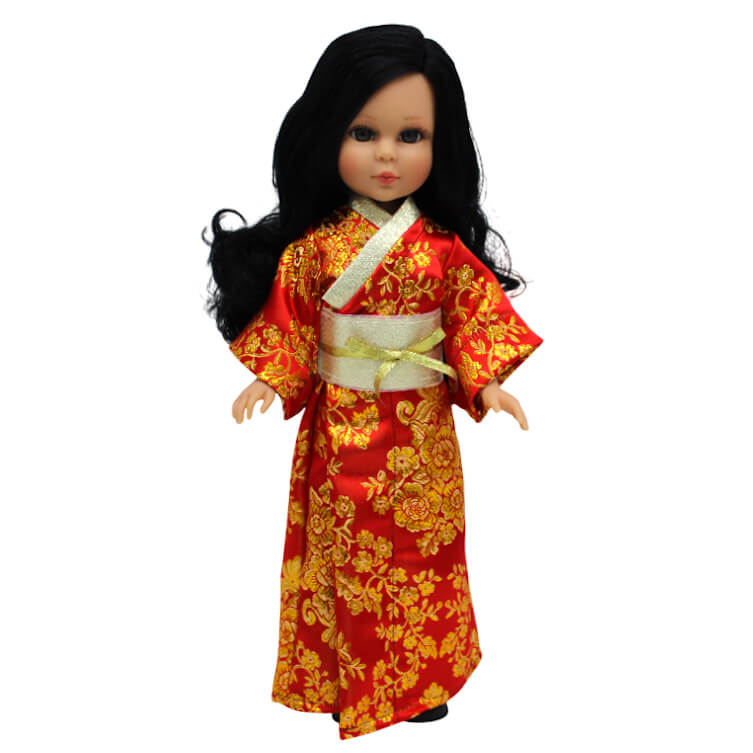 Bambola popolare Naia, collezione di artigianato originale, 41 cm, abito kimono giapponese, geisha, rosso e oro