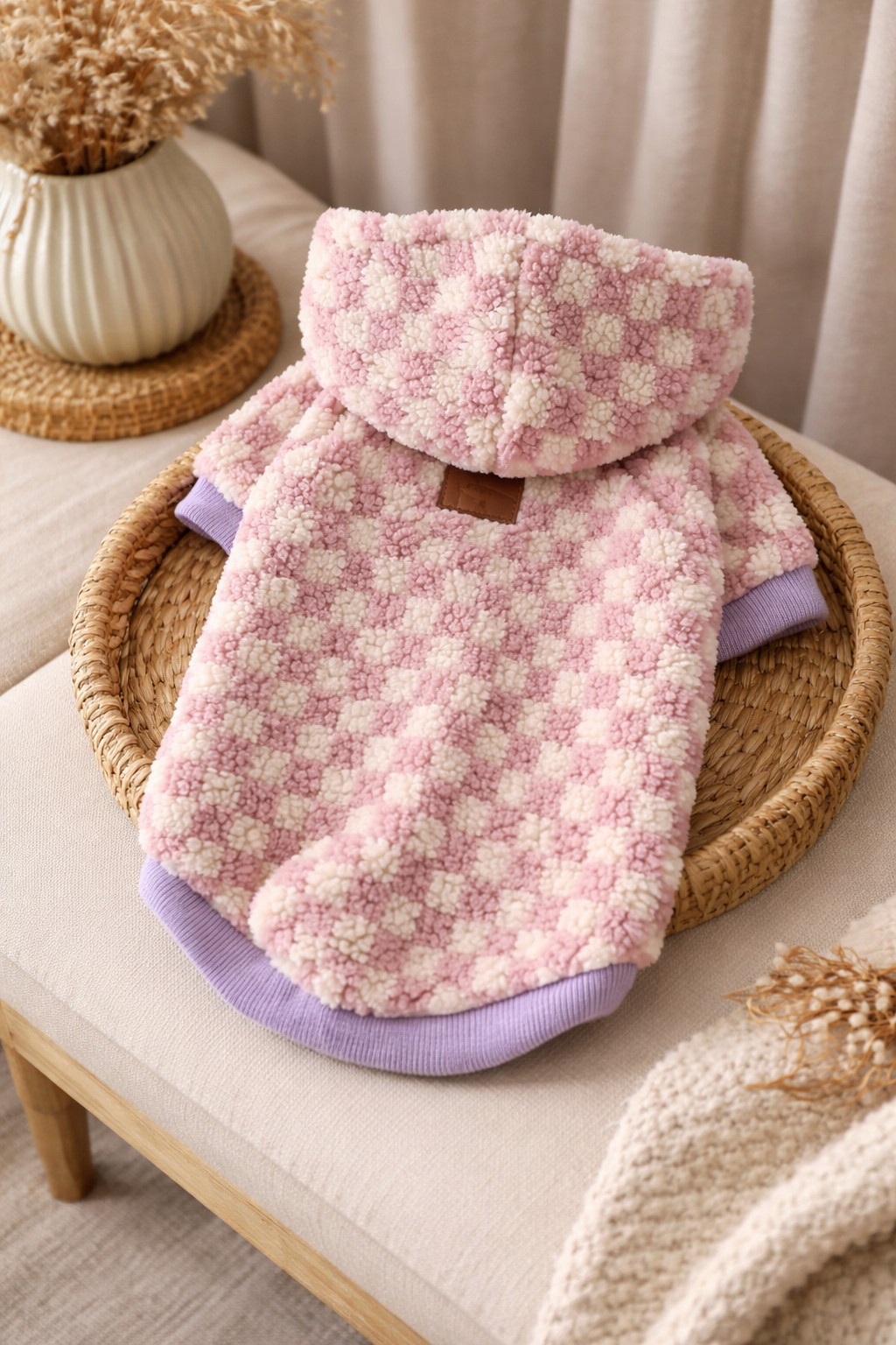 Alpha Dog Retro Dusty Rose Checkerboard Hunde-Hoodie (5-teiliges Set)