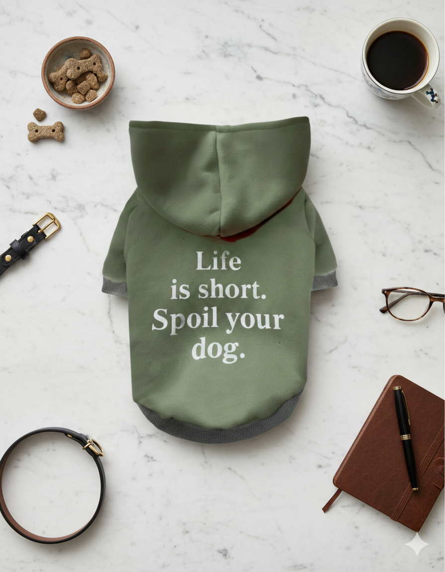Alpha Dog Kurzer grüner Hoodie „Verwöhne deinen Hund“ (5-teiliges Set)