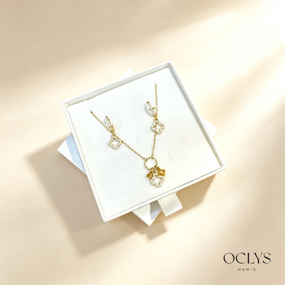Fete des mères - Coffret cadeau collier boucles d'oreilles fleur strass acier inoxydable Pietra