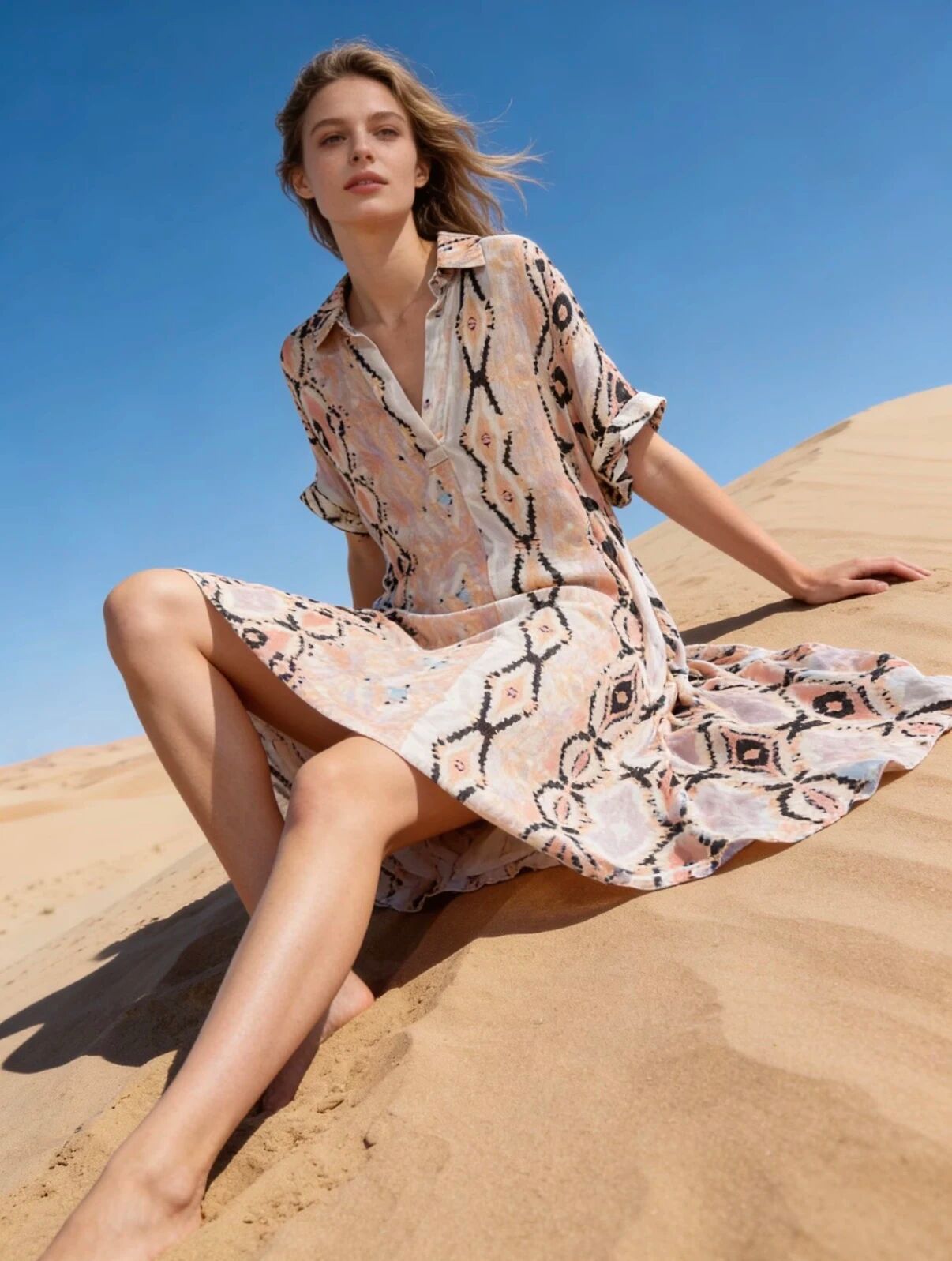 Flowy maxi dress with a printed, faded shirt style, flared cut