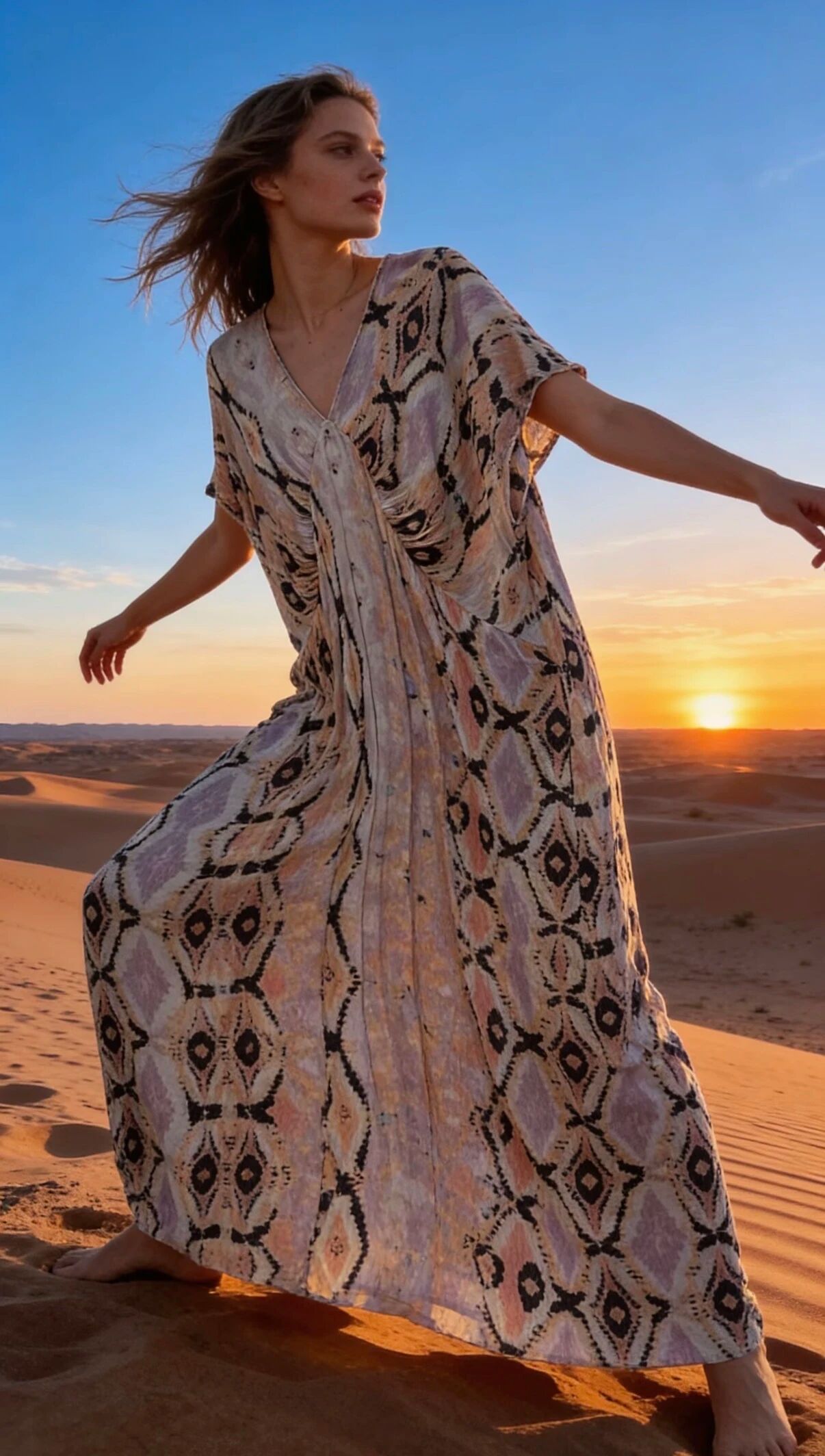 Flowy maxi dress with print, V-neck, flared cut, faded style