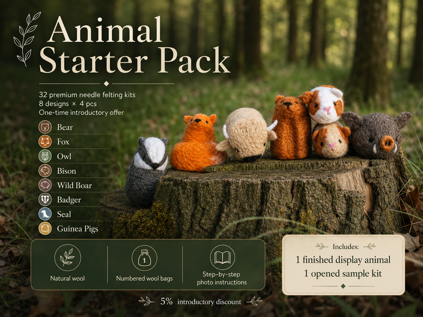 Kit iniziale Agna Wool Art Animal – 32 kit premium per infeltrimento ad ago