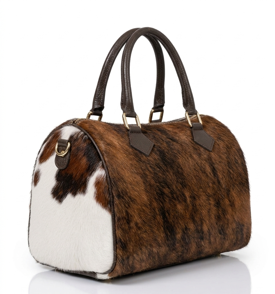 Cowhide Leather Barrel Bag | Handmade Hair On Hide Boston Bag | Brown White Crossbody Satchel | Unique Gift for Her | Western Handbag
