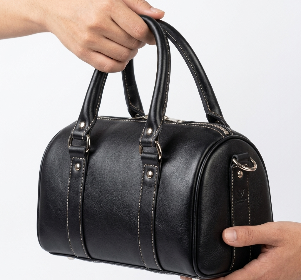 Black Leather Mini Barrel Bag | Handmade Small Cylindrical Crossbody Handbag | Cream Stitch Baguette Purse | Gift for Her | Everyday Bag