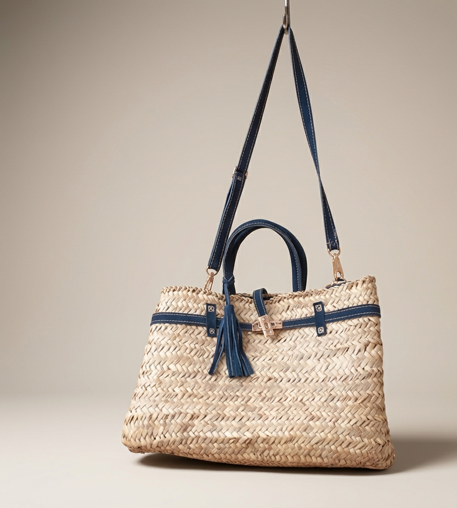 Moroccan Straw Basket Bag Handmade | Doum Leather Birkin Tote | 3 Sizes | Boho Market Bag with Tassel | Woven Summer Beach Bag | Gift for Her
