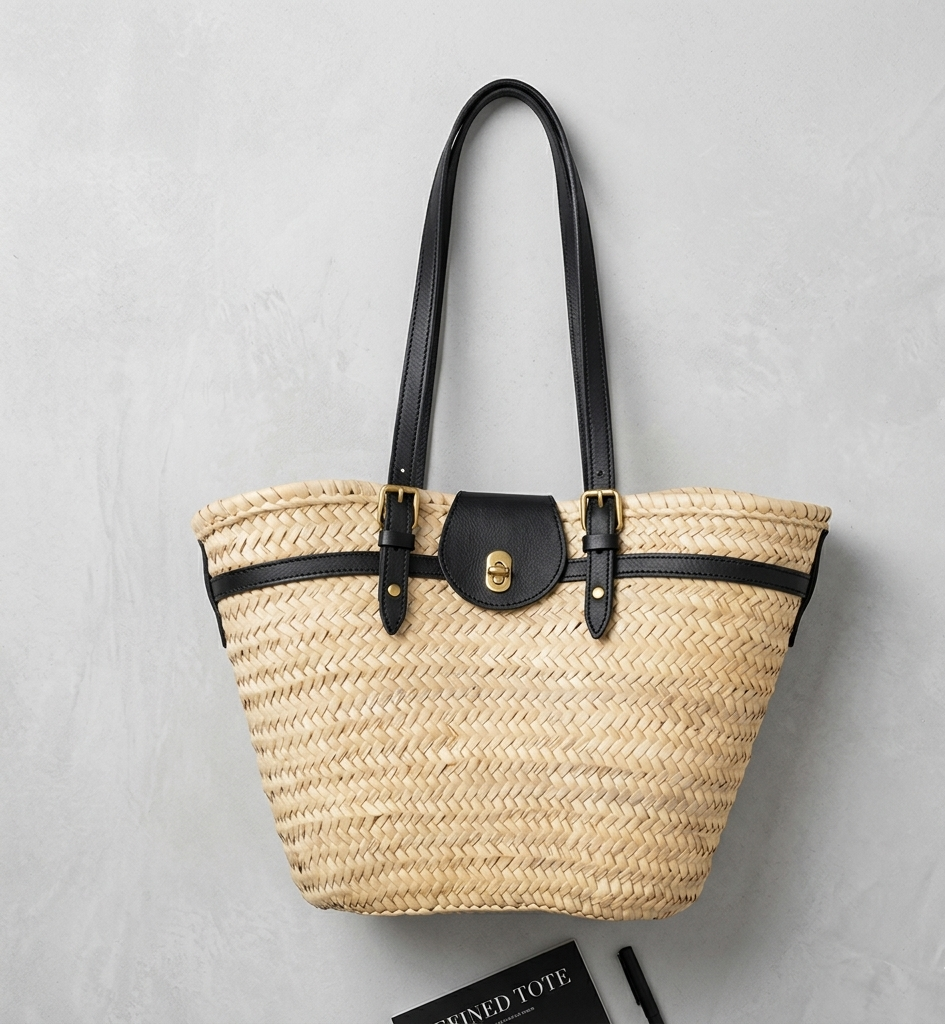 Moroccan Straw Shoulder Bag Leather | Palm Leaf Tote Turn Lock Pocket | Handwoven Market Basket Bag Gold Hardware | Boho Gift for Her